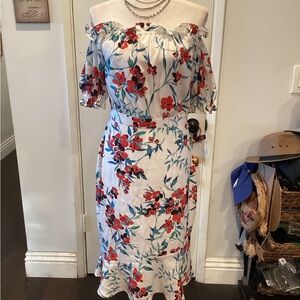 Marciano Red and Blue Floral Off-Shoulder Midi Dress